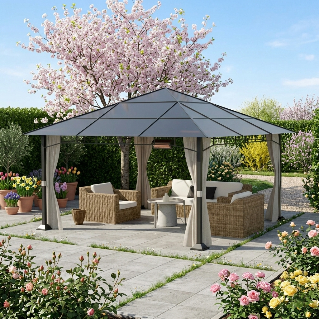 Winterfester Hardtop-Pavillon Sunshine Deluxe 3x4m von Tentexpert24 in einem Frühlingsgarten mit blühendem Kirschbaum und rosa Rosensträuchern.