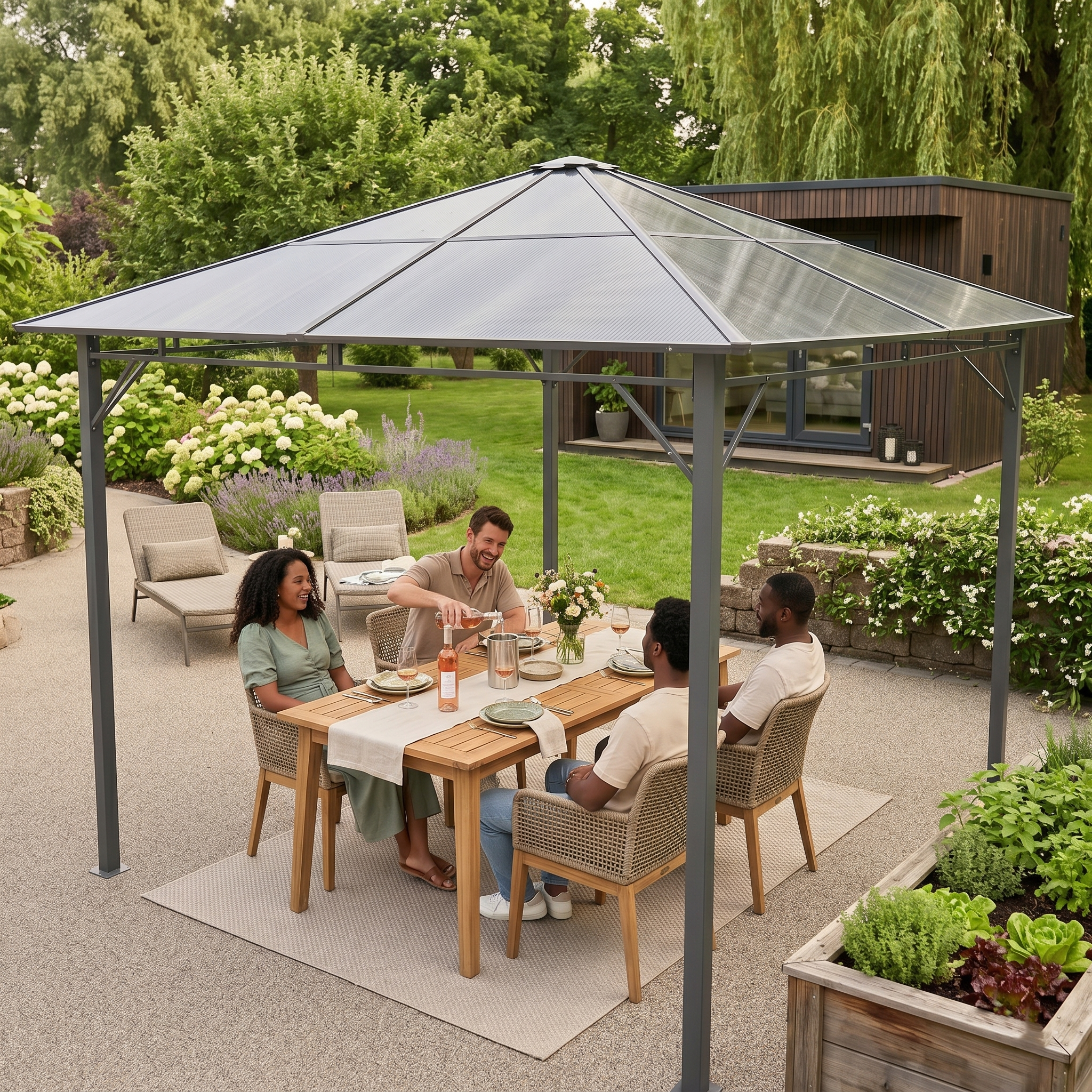 Hardtop Gartenpavillon Sunshine Deluxe 3x4m – Winterfest, Champagner/Khaki & UV 50+