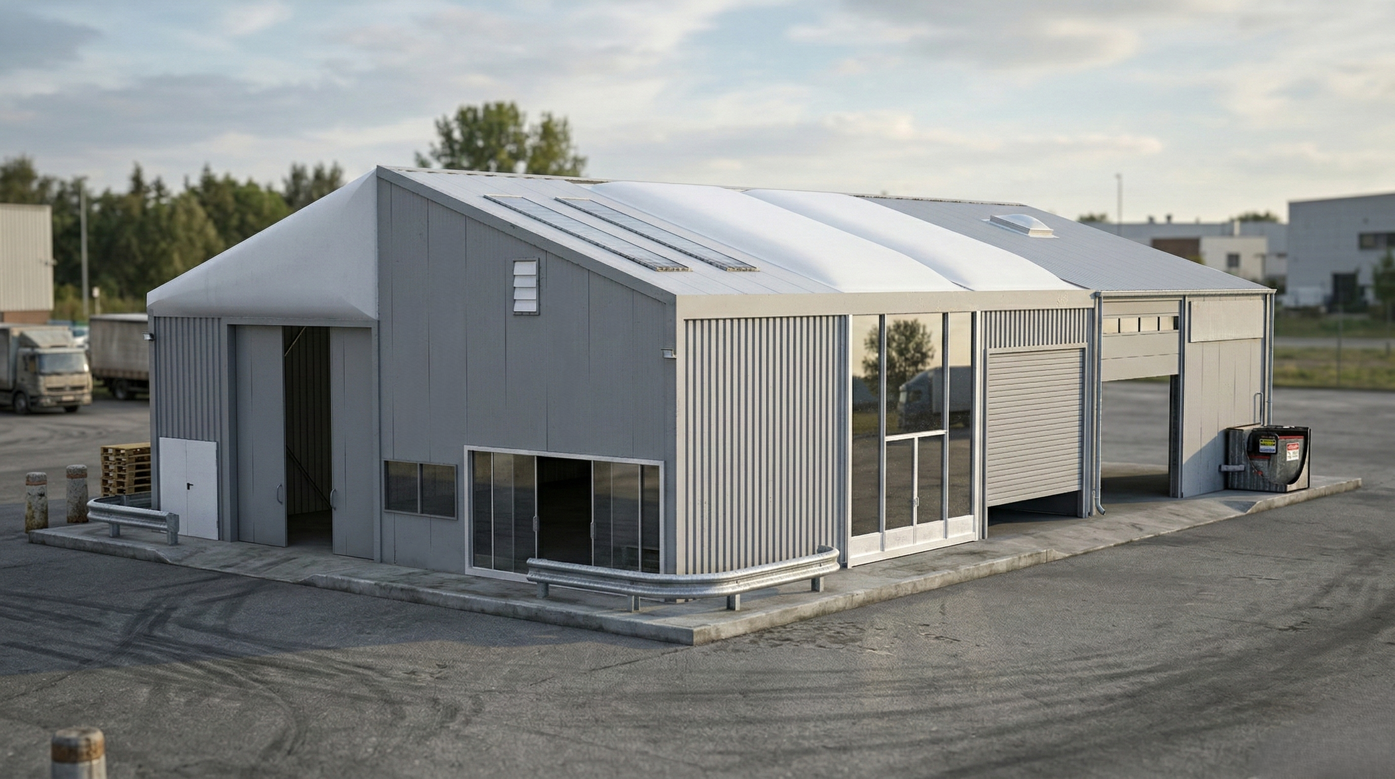 Hochwertiges 3D-Rendering einer konfigurierbaren Industriehalle in Grau. Die Darstellung zeigt verschiedene Wand- und Dachmaterialien wie Trapezblech, Isolierpaneele und Planendächer sowie Ausstattungsoptionen wie Rolltore, Schiebetore, Lichtbänder und bodentiefe Glaselemente zur individuellen Planung.