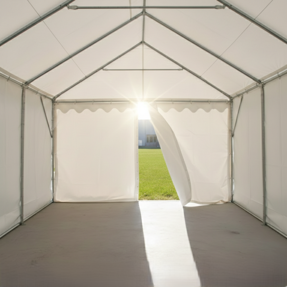 Lagerzelt 4x8 m - 2,3 m Seitenhöhe mit Reißverschlusstor, PVC weiß