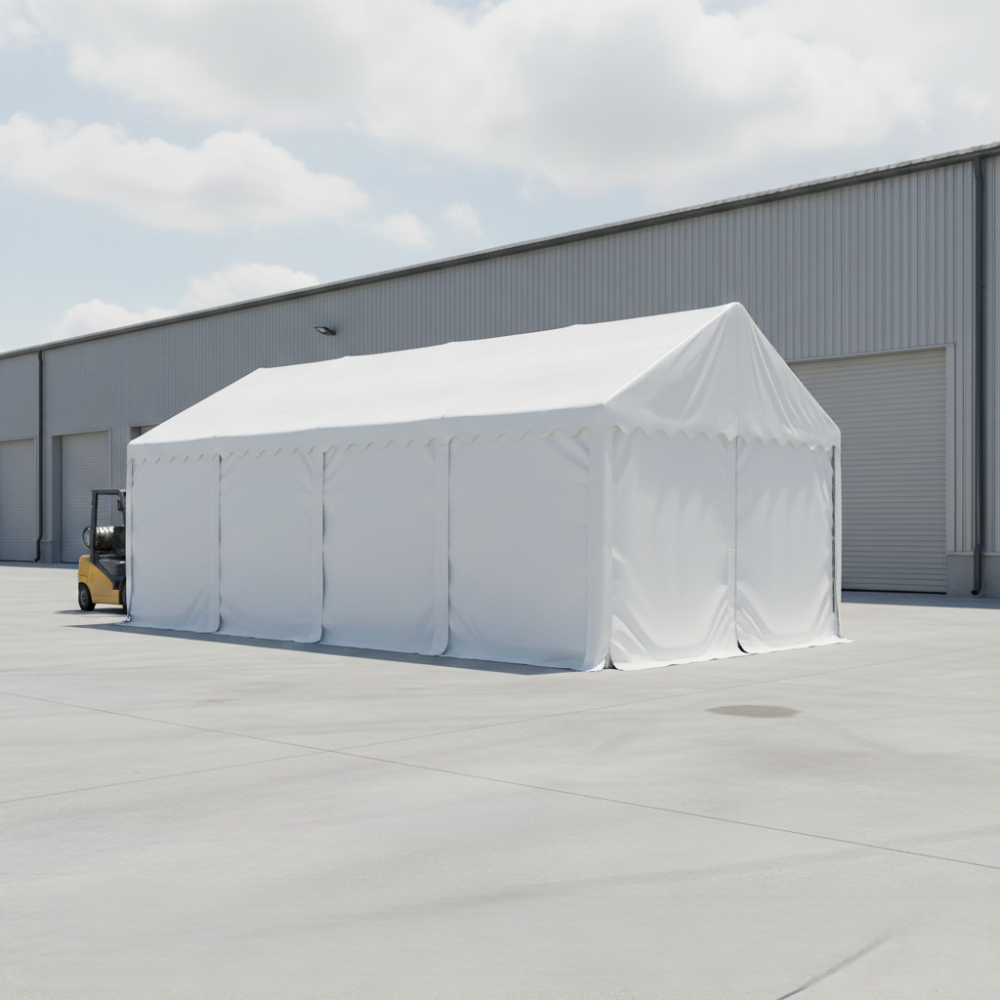Lagerzelt 4x8 m - 2,3 m Seitenhöhe mit Reißverschlusstor, PVC weiß