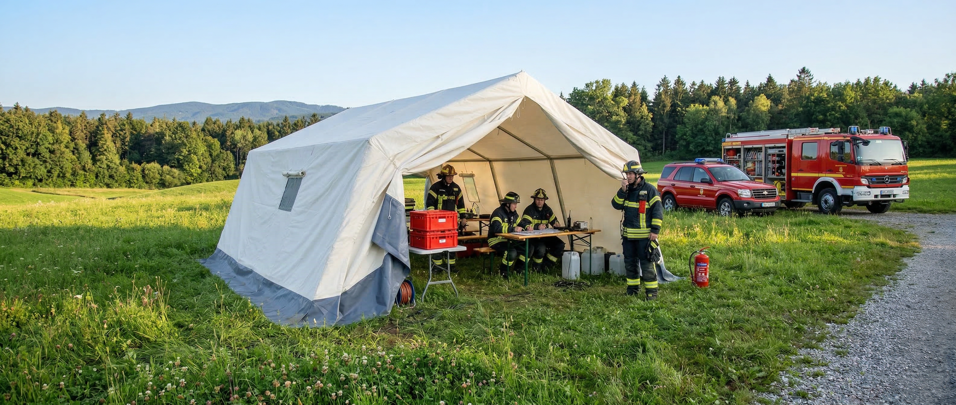 Alt-Text: Mannschaftszelt MZU Feuerwehr Einsatz mit Aluminiumgerüst und Baumwoll-Mischgewebe