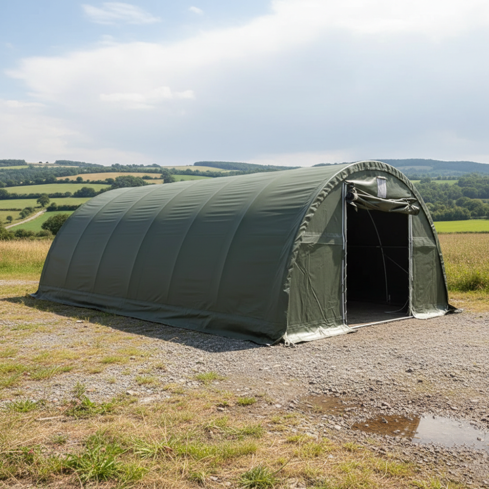 Sehr stabile Rundbogenhalle 9,15m x 10m x 4,5m - PVC 650 g/m², dunkelgrün