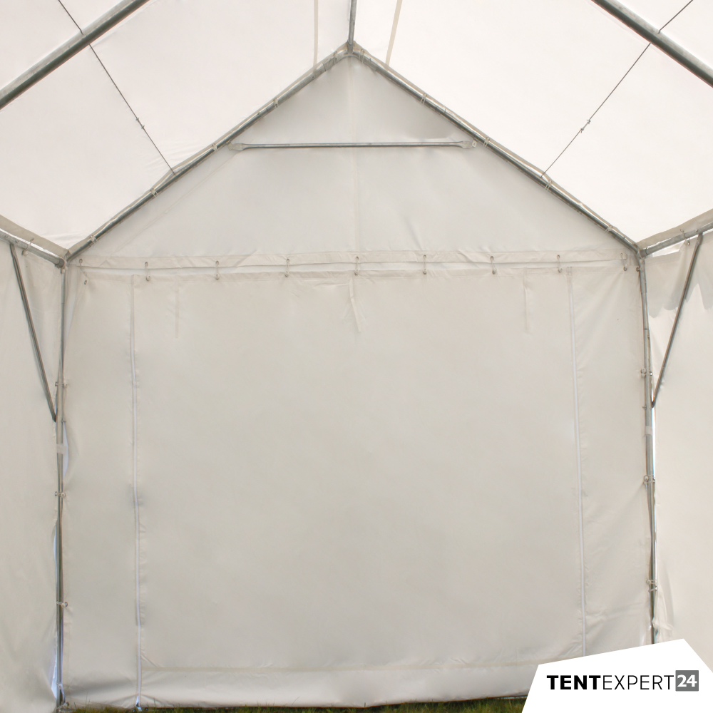 Produkte Lagerzelt 4x8 m - 2,3 m Seitenhöhe mit Reißverschlusstor, PVC weiß