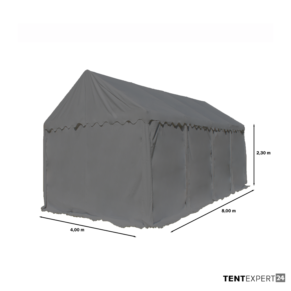 Produkte Lagerzelt 4x8 m - 2,3 m Seitenhöhe mit Reißverschlusstor, PVC weiß