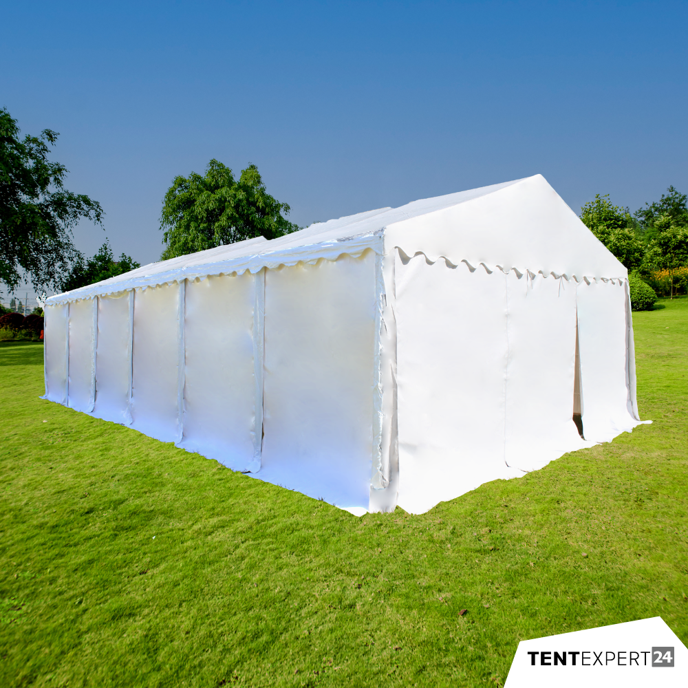 Produkte Lagerzelt 6x12 m - 2,3 m Seitenhöhe mit Reißverschlusstor, PVC weiß