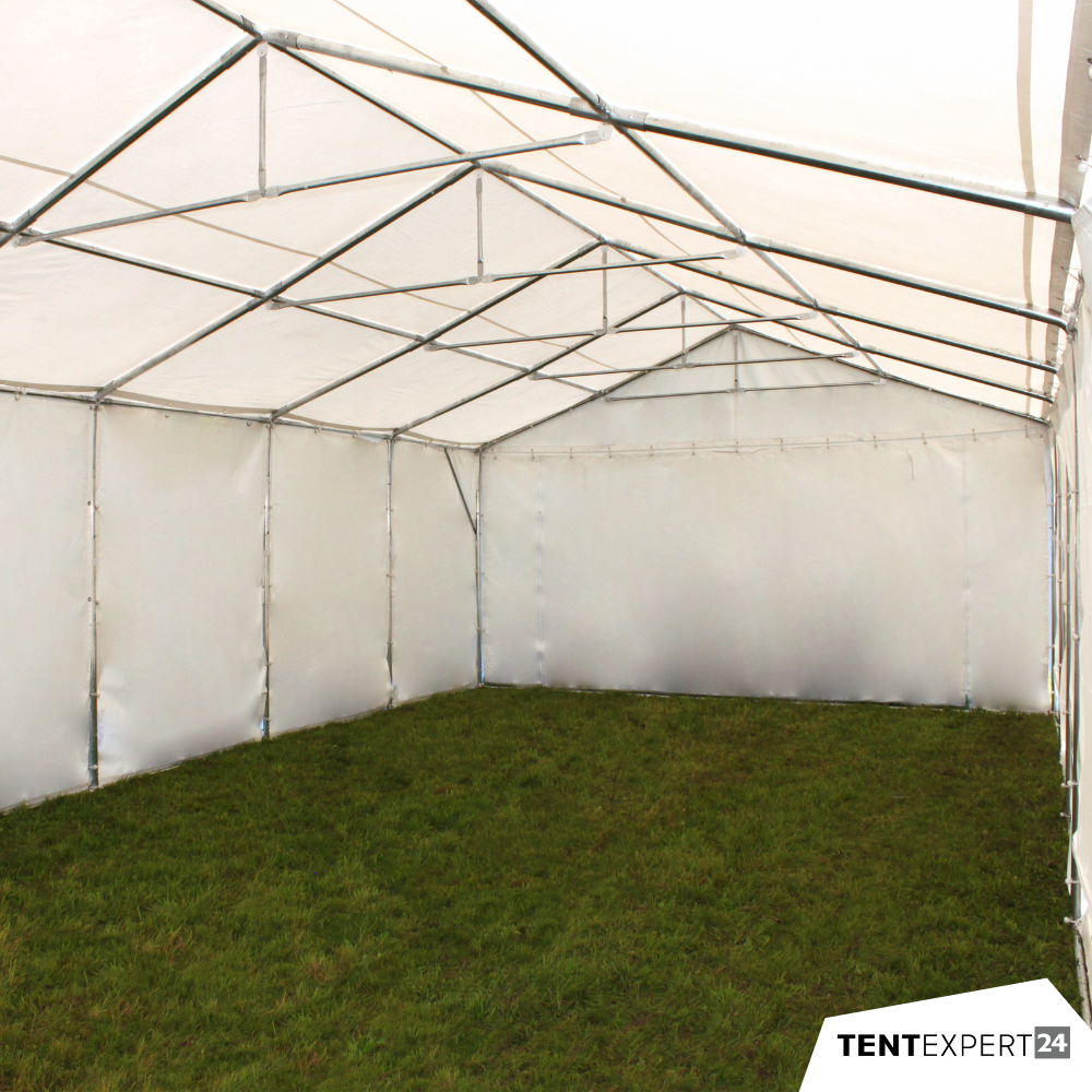 Produkte Lagerzelt 6x12 m - 2,3 m Seitenhöhe mit Reißverschlusstor, PVC weiß