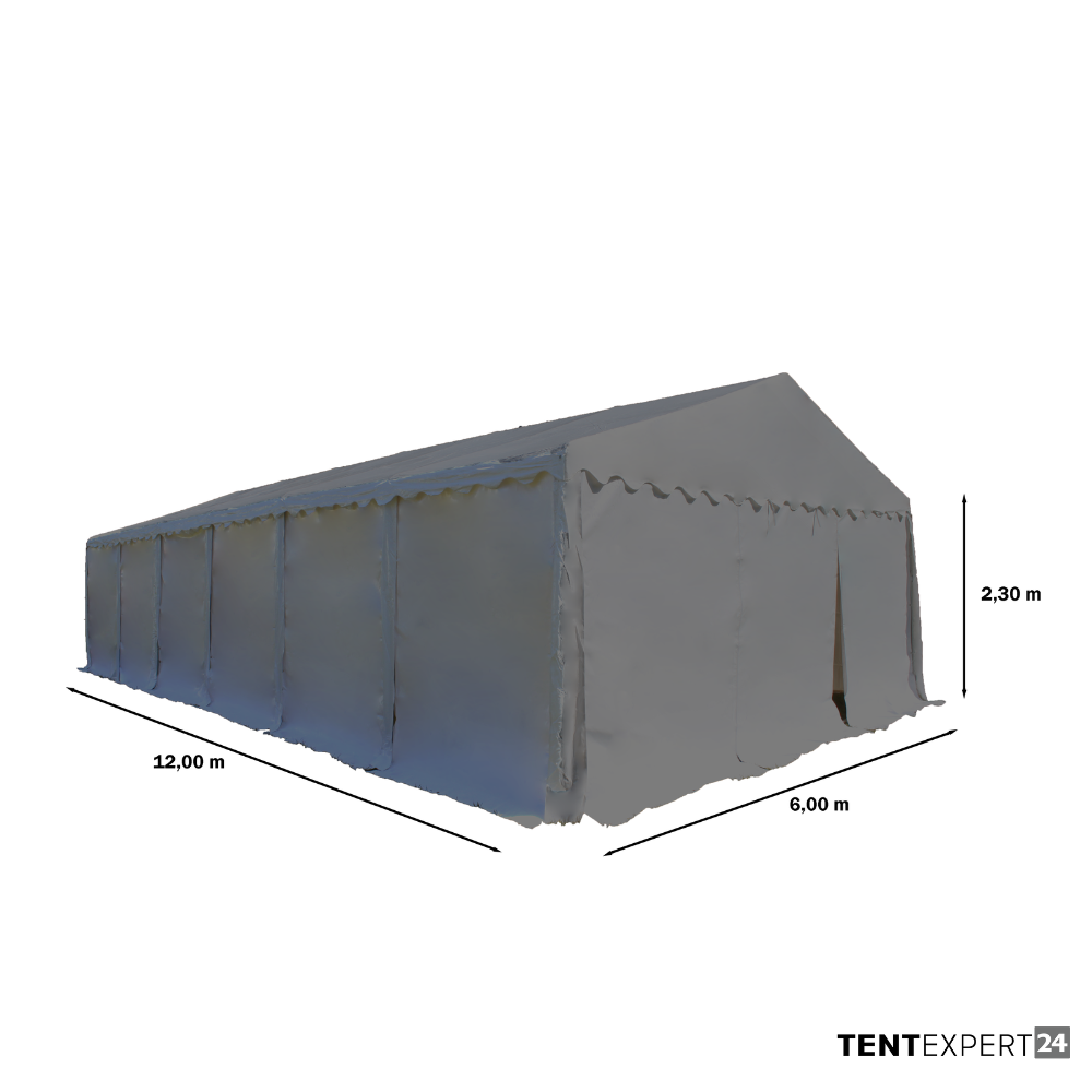 Produkte Lagerzelt 6x12 m - 2,3 m Seitenhöhe mit Reißverschlusstor, PVC weiß