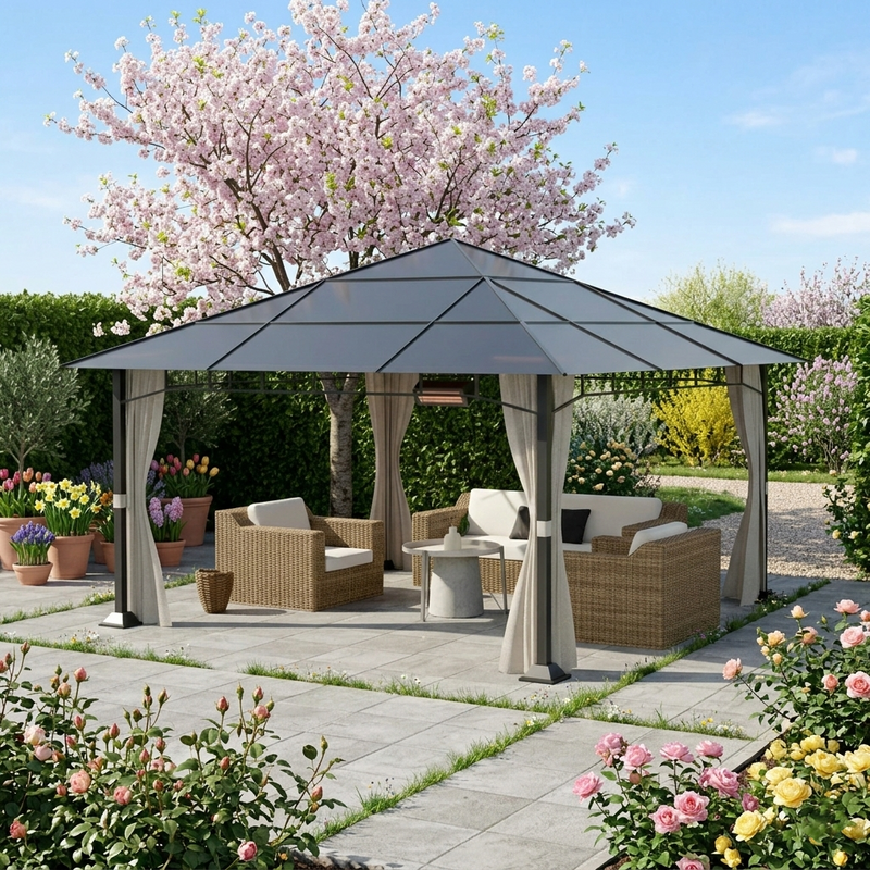 Winterfester Hardtop-Pavillon Sunshine Deluxe in einem Frühlingsgarten mit blühendem Kirschbaum