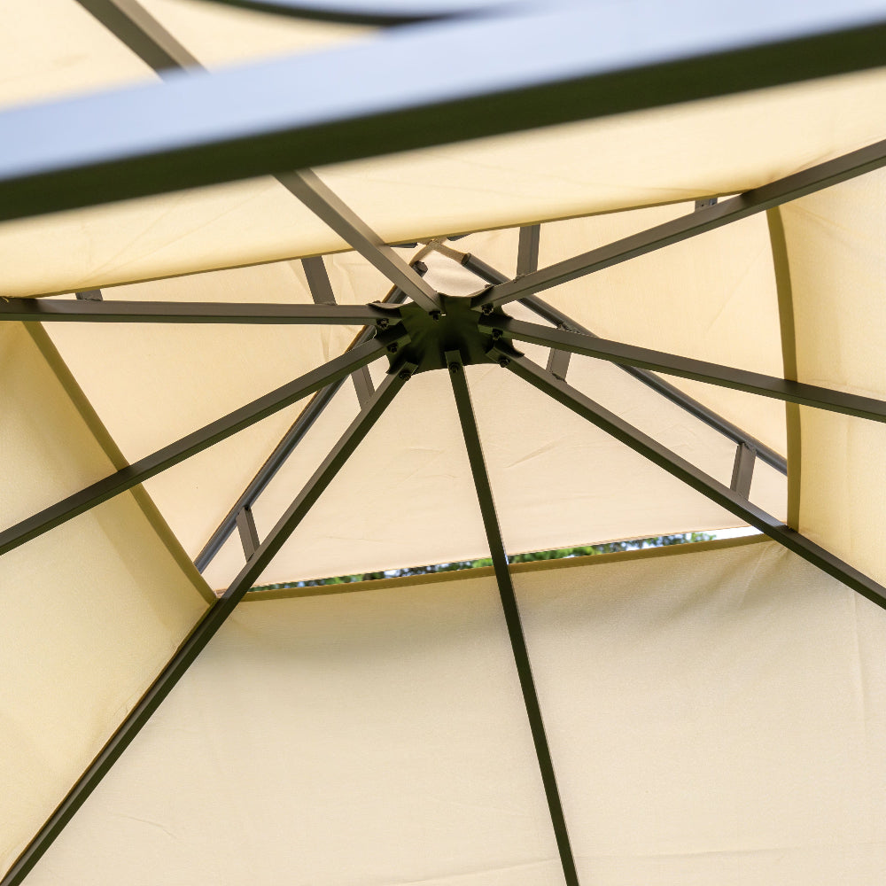 Nahaufnahme des 180 g/m² starken, beige-farbenen Polyester-Dachs vom Oasis Haven Pavillon mit wasserdichter Beschichtung und UV-Schutz 50+.