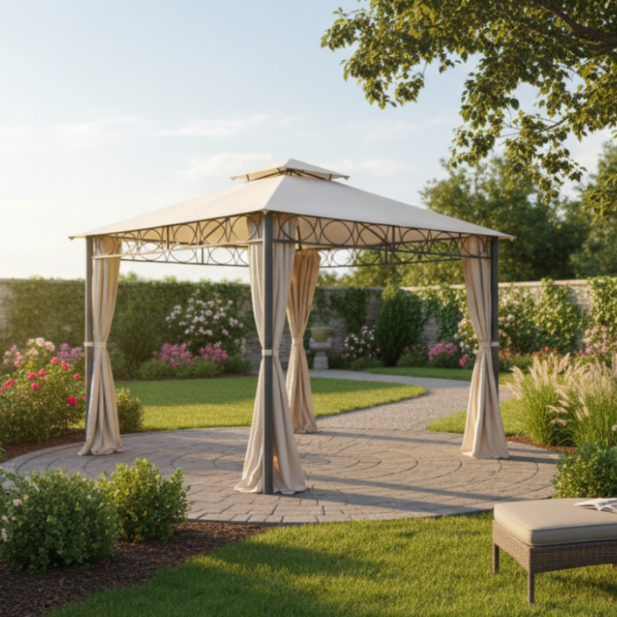 Gartenpavillon Oasis Haven Classic 3x3m mit Stoffdach und Seitenteilen von TENTEXPERT24 im Garten