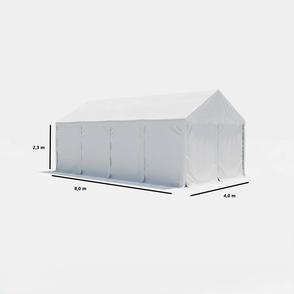 Lagerzelt 4x8 m - 2,3 m Seitenhöhe mit Reißverschlusstor, PVC weiß