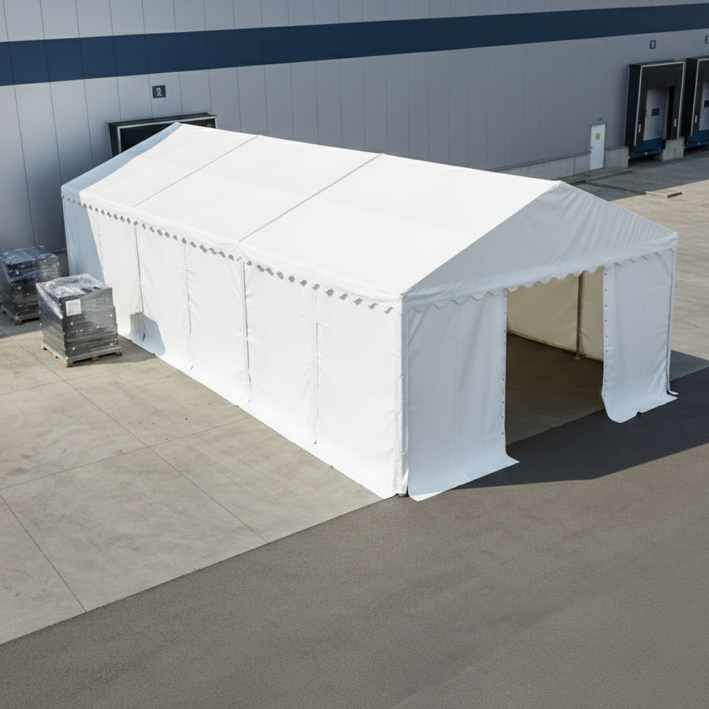 Lagerzelt 6x12 m - 2,3 m Seitenhöhe mit Reißverschlusstor, PVC weiß