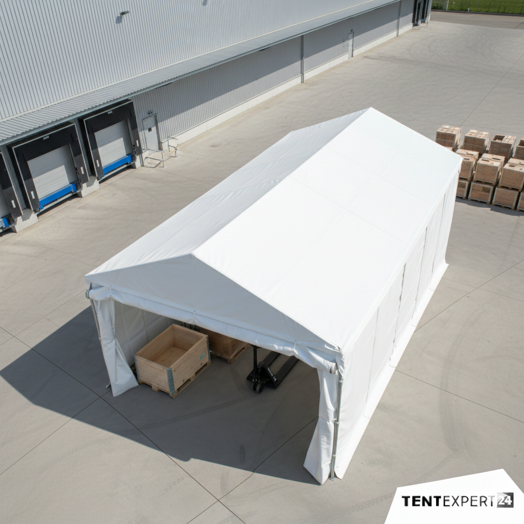 Lagerzelt 8x12m - 3,6m Seitenhöhe mit Reißverschlusstor, PVC weiß