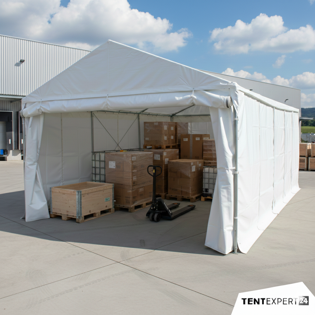 Lagerzelt 8x12m - 3,6m Seitenhöhe mit Reißverschlusstor, PVC weiß