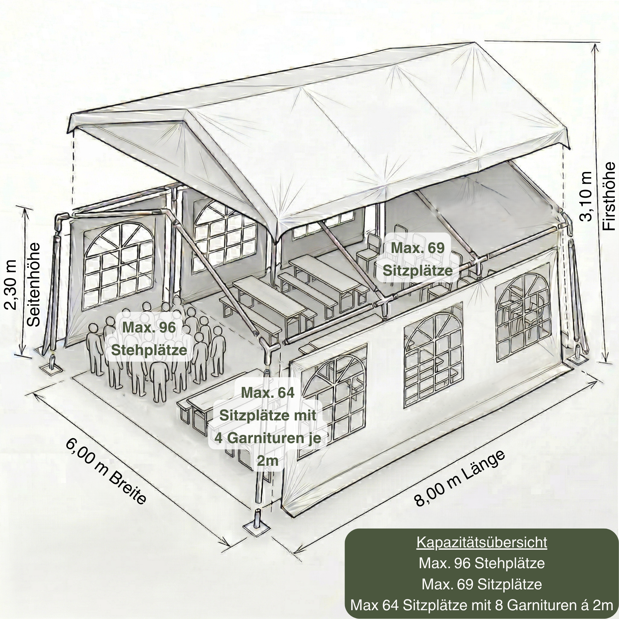 Ein hochwertiges weißes Partyzelt, das in einer modernen Studio-Umgebung aufgestellt ist. Das Zelt ist aus robustem PVC-Material gefertigt und verfügt über ein stabiles Stahlgestell. Mehrere Fenster und Türen sorgen für ausreichend Licht und Belüftung. Dieses Partyzelt ist ideal für Gartenpartys, Hochzeiten, Firmenevents und andere Veranstaltungen im Freien. Es bietet Platz für bis zu Max. 96 Stehplätze
Max. 69 Sitzplätze
Max 64 Sitzplätze mit 8 Garnituren je 2m