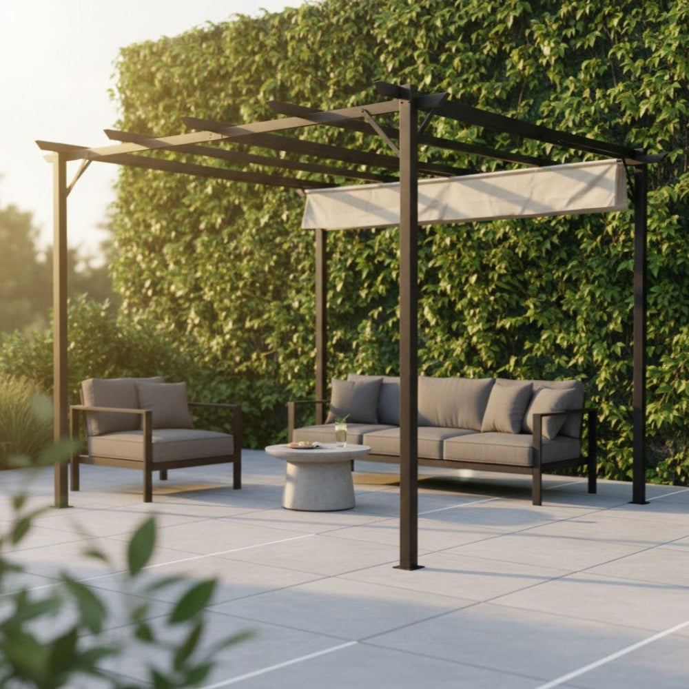 3x3 m Pergola mit ausziehbarem Dach, Beige, Stahl