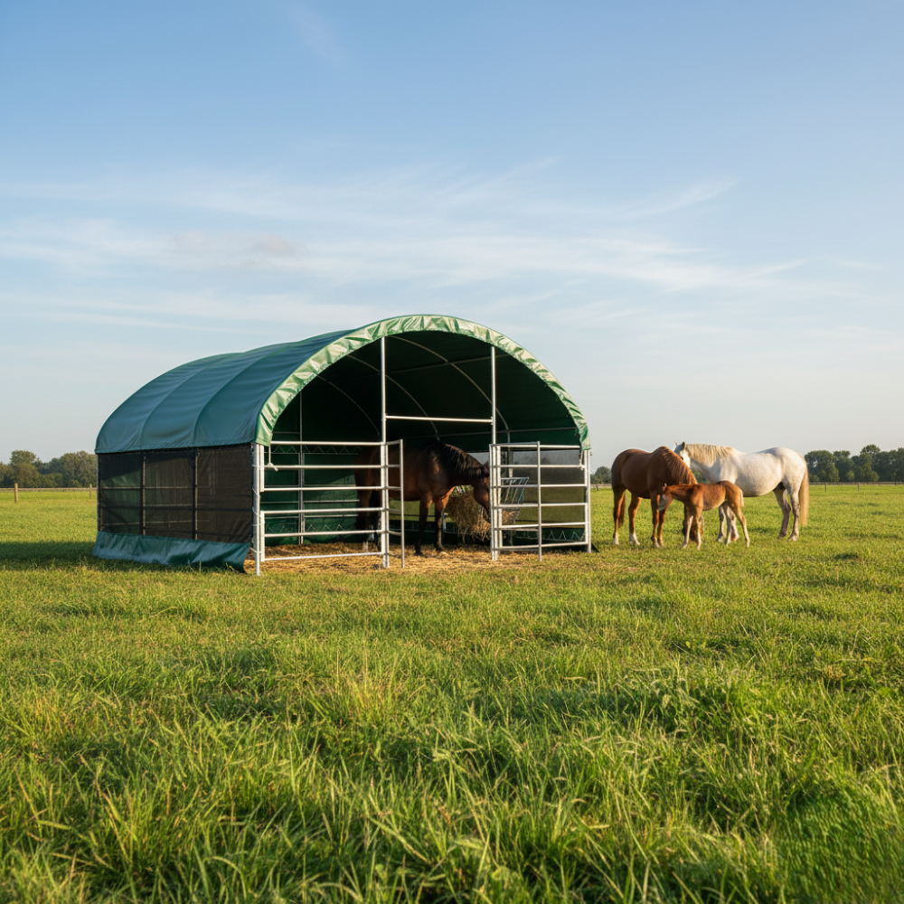 Robuste Rundbogenhalle / Weidezelt 6x6m inkl. Gatter in Dunkelgrün mit 750g/m² schwerer PVC-Plane. Winterfestes Weidezelt für Landwirtschaft und Lagerung, 3,7m Firsthöhe, UV-beständig und wasserdicht. Professionelle Überdachung für Tiere oder Maschinen von tentexpert24.de.