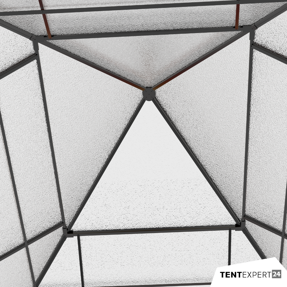 Nahaufnahme der winterfesten Polycarbonat-Dachplatten und des stabilen, silbernen Aluminium-Rahmens vom Pavillon Sunshine Deluxe.