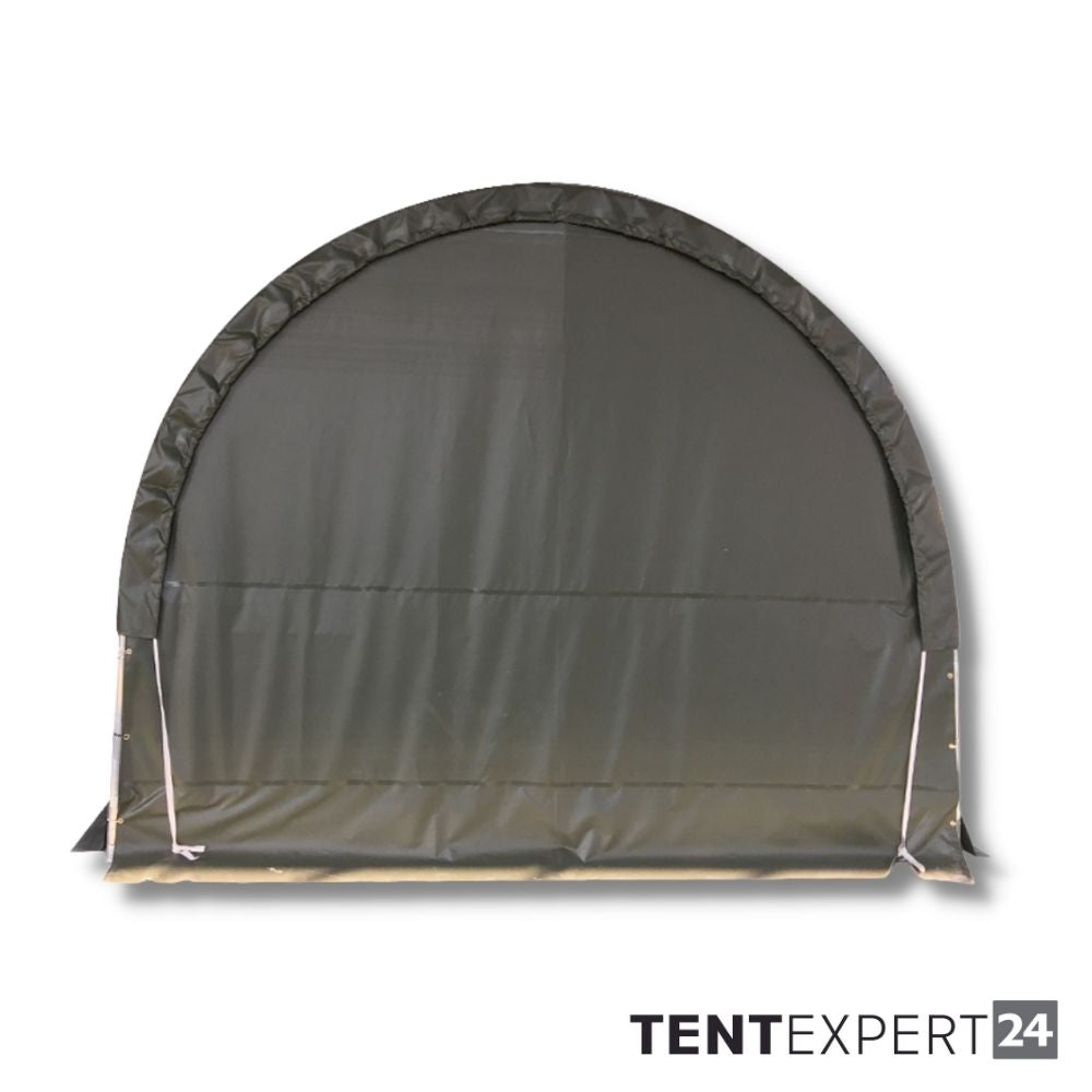 Robuste Rundbogenhalle / Weidezelt 4x4m inkl. Gatter in Dunkelgrün mit 750g/m² schwerer PVC-Plane. Winterfestes Weidezelt für Landwirtschaft und Lagerung, 3,15m Firsthöhe, UV-beständig und wasserdicht. Professionelle Überdachung für Tiere oder Maschinen von tentexpert24.de.