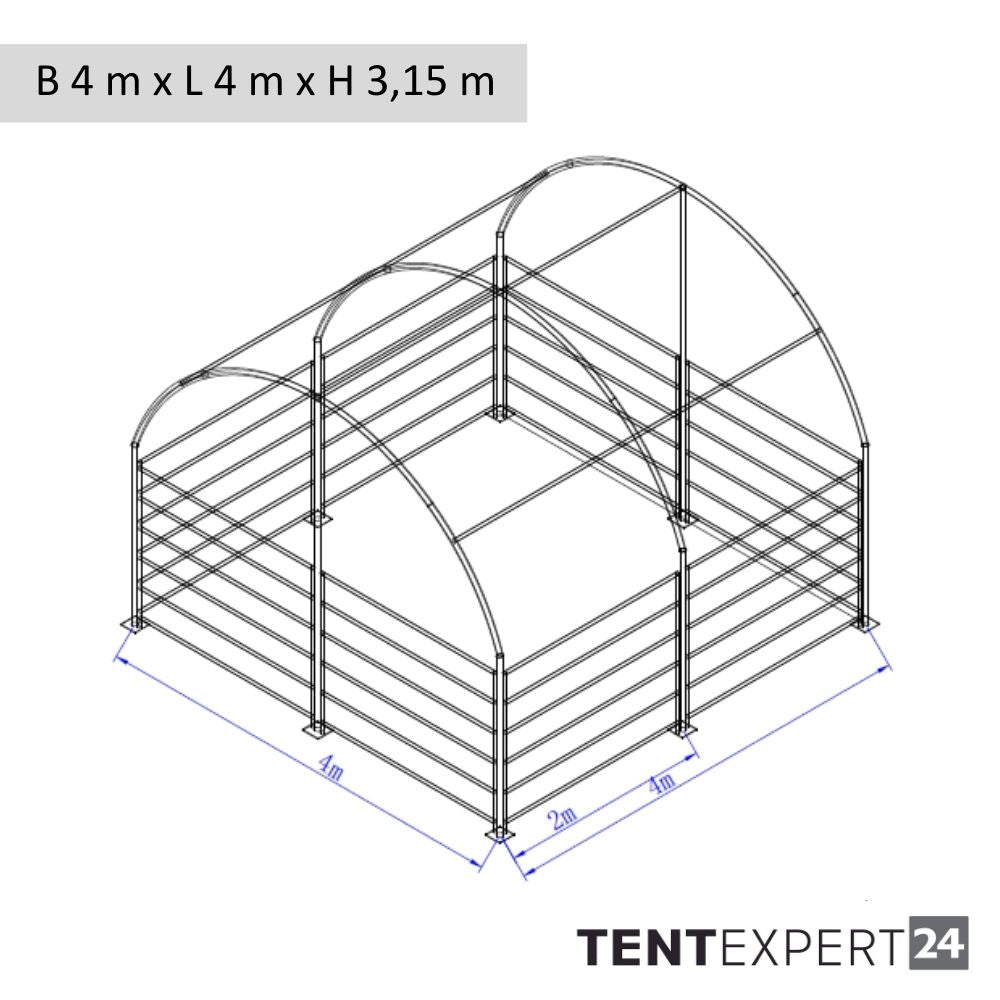 Technische Zeichnung einer Rundbogenhalle / Weidezelt 4x4m in Dunkelgrün mit 750g/m² schwerer PVC-Plane. Winterfestes Weidezelt für Landwirtschaft und Lagerung, 3,15m Firsthöhe, UV-beständig und wasserdicht. Professionelle Überdachung für Tiere oder Maschinen von tentexpert24.de.