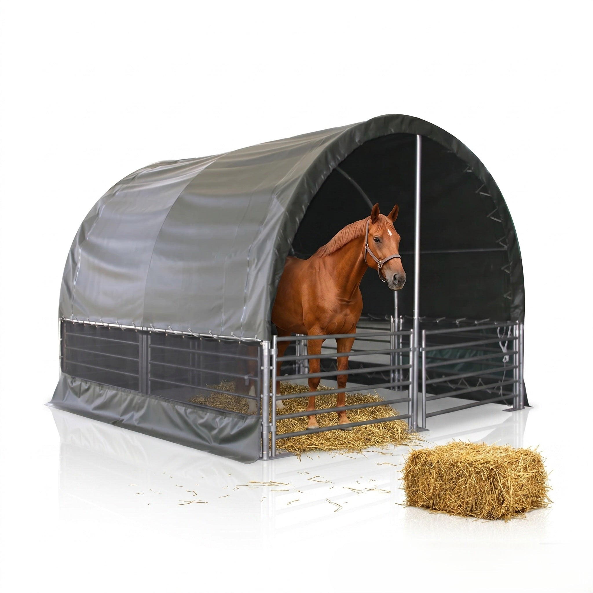 Robuste Rundbogenhalle / Weidezelt 4x4m inkl. Gatter in Dunkelgrün mit 750g/m² schwerer PVC-Plane. Winterfestes Weidezelt für Landwirtschaft und Lagerung, 3,15m Firsthöhe, UV-beständig und wasserdicht. Professionelle Überdachung für Tiere oder Maschinen von tentexpert24.de.